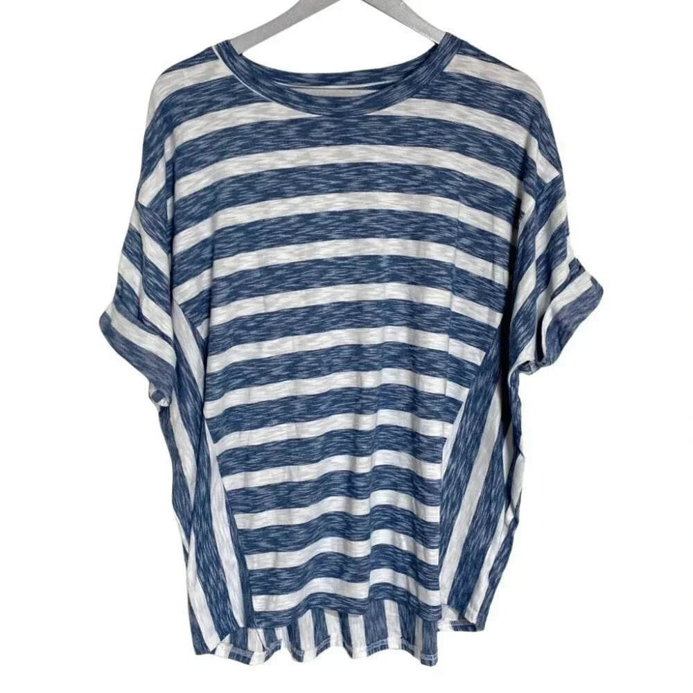 Umgee M‎ oversized blue + white striped short sleeve top